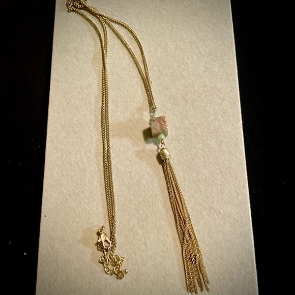 Gold Tone Stone Tassel Pendant Necklace - Picture 1 of 3